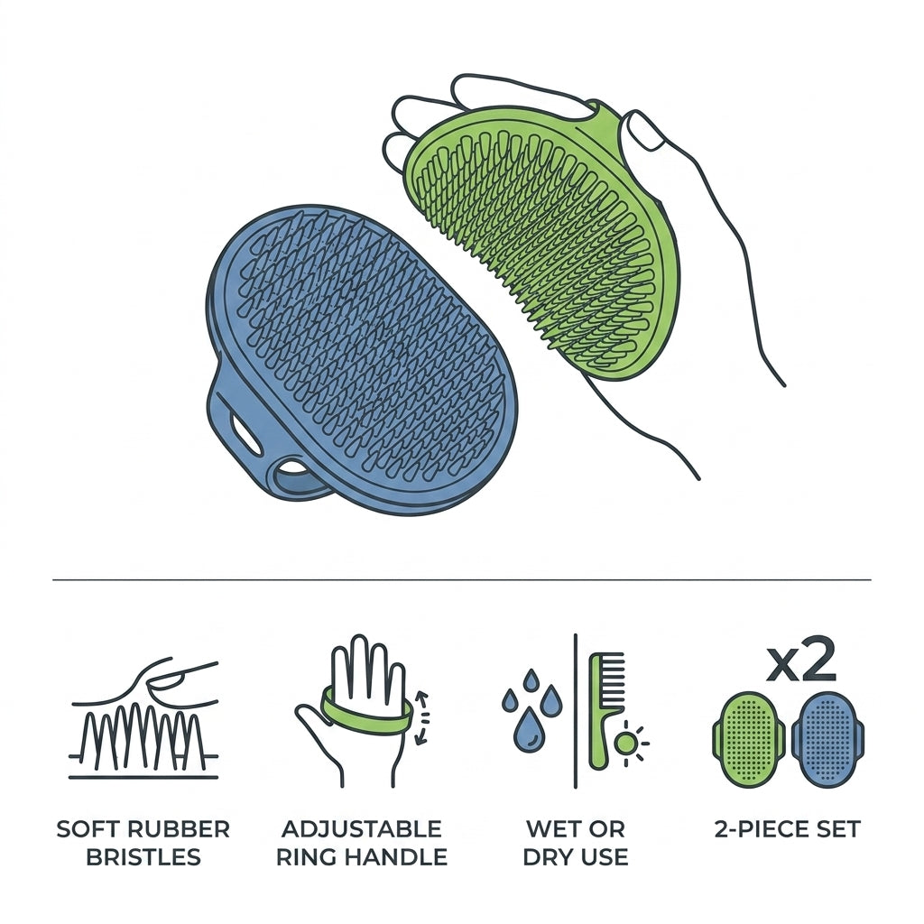 Pet Bathing & Grooming Brush Set – Soft Rubber Massage Brushes for Dogs & Cats, 2-Pack