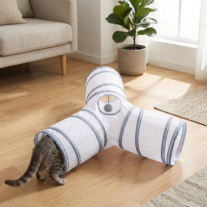 Collapsible 3-Way Cat Tunnel – White & Grey Indoor Play Tunnel with Ball Toy