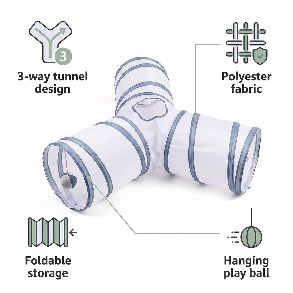 Collapsible 3-Way Cat Tunnel – White & Grey Indoor Play Tunnel with Ball Toy