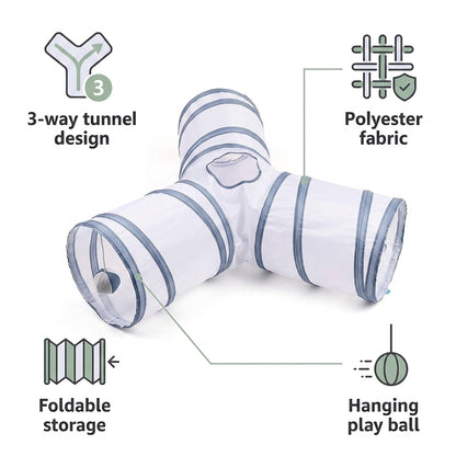 Collapsible 3-Way Cat Tunnel – White & Grey Indoor Play Tunnel with Ball Toy