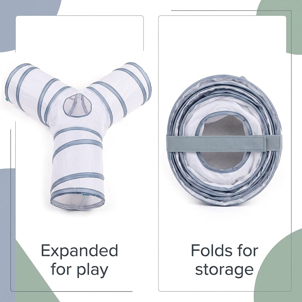 Collapsible 3-Way Cat Tunnel – White & Grey Indoor Play Tunnel with Ball Toy