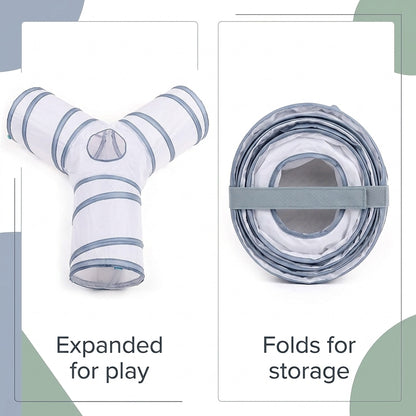Collapsible 3-Way Cat Tunnel – White & Grey Indoor Play Tunnel with Ball Toy