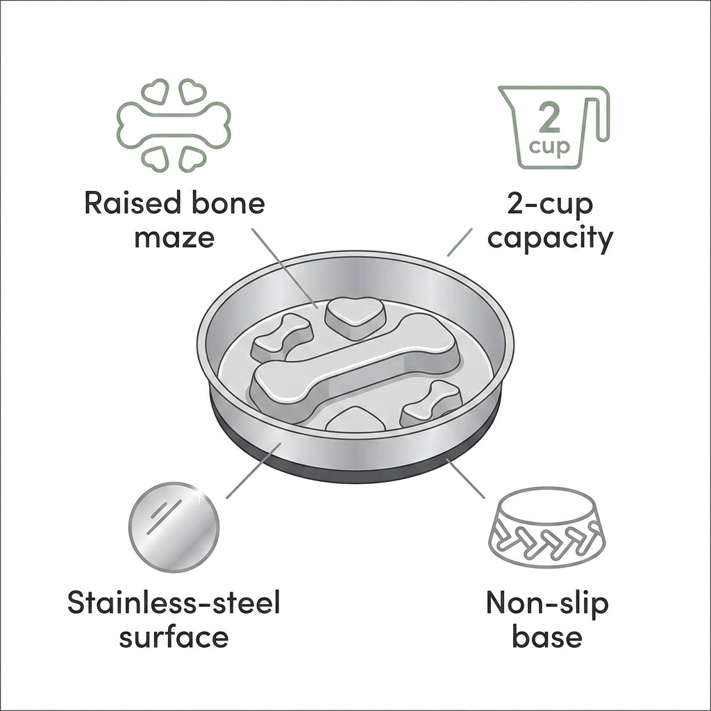 Stainless Steel Slow Feeder Bowl – 2-Cup Bone Maze Bowl for Dogs & Cats