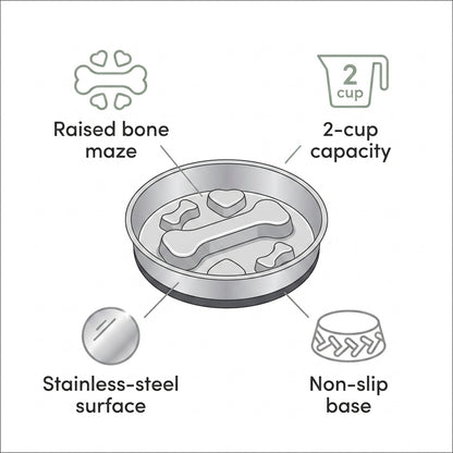 Stainless Steel Slow Feeder Bowl – 2-Cup Bone Maze Bowl for Dogs & Cats