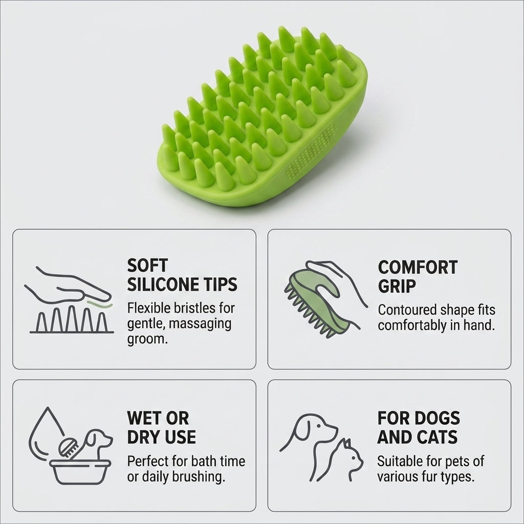 Silicone Pet Grooming Brush – Heavy-Duty Bath & Massage Brush for Dogs and Cats (Green)