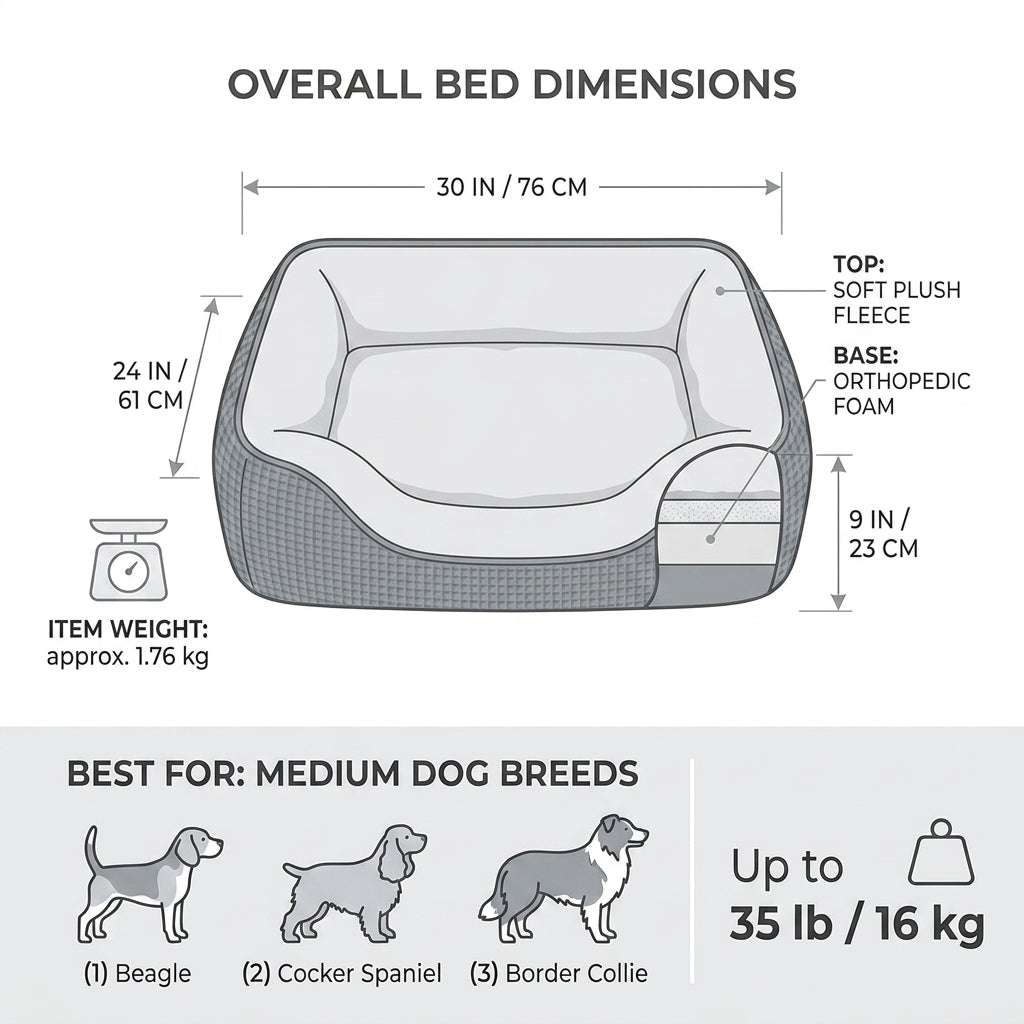 Orthopedic Rectangle Dog Bed – 30" Medium Washable Pet Bed with Raised Bolsters (Grey)