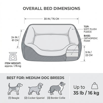 Orthopedic Rectangle Dog Bed – 30" Medium Washable Pet Bed with Raised Bolsters (Grey)