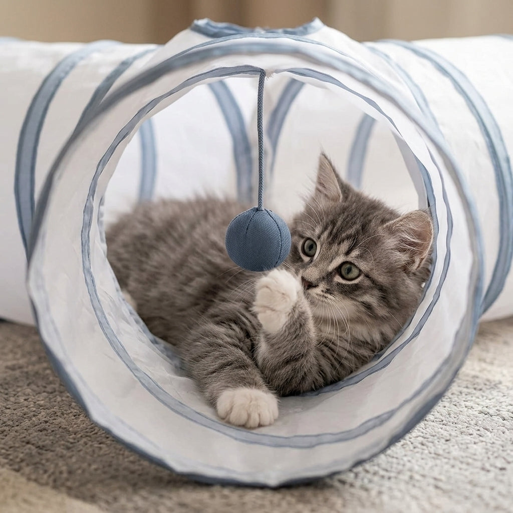 Collapsible 3-Way Cat Tunnel – White & Grey Indoor Play Tunnel with Ball Toy