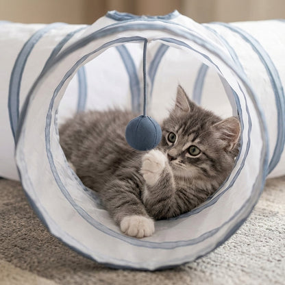 Collapsible 3-Way Cat Tunnel – White & Grey Indoor Play Tunnel with Ball Toy