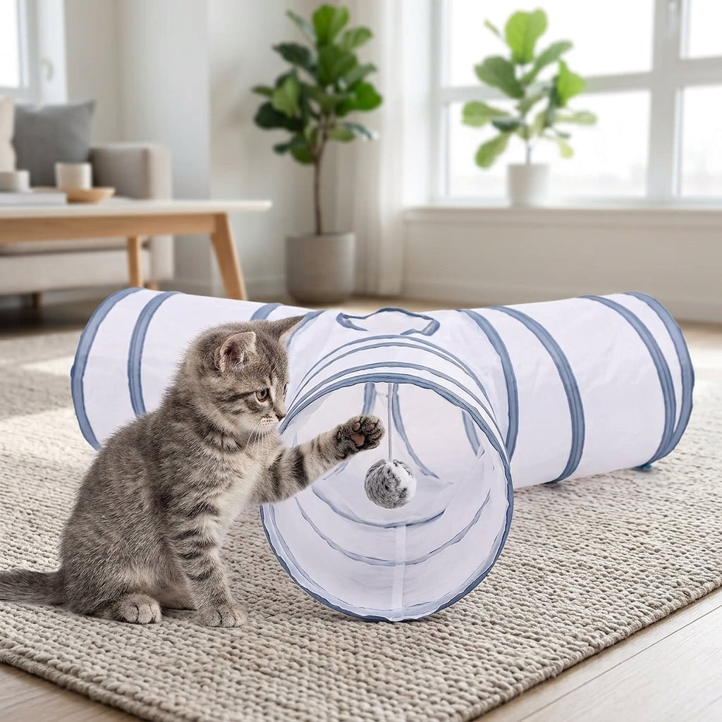 Collapsible 3-Way Cat Tunnel – White & Grey Indoor Play Tunnel with Ball Toy