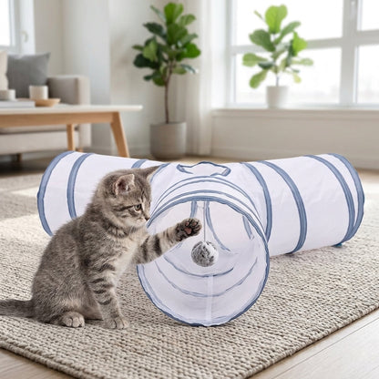 Collapsible 3-Way Cat Tunnel – White & Grey Indoor Play Tunnel with Ball Toy