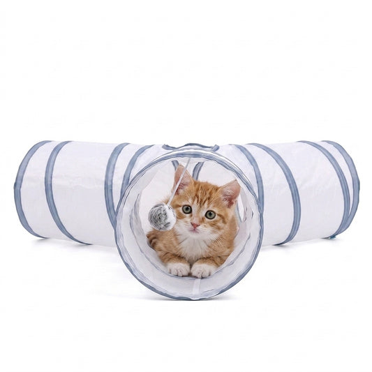 Collapsible 3-Way Cat Tunnel – White & Grey Indoor Play Tunnel with Ball Toy