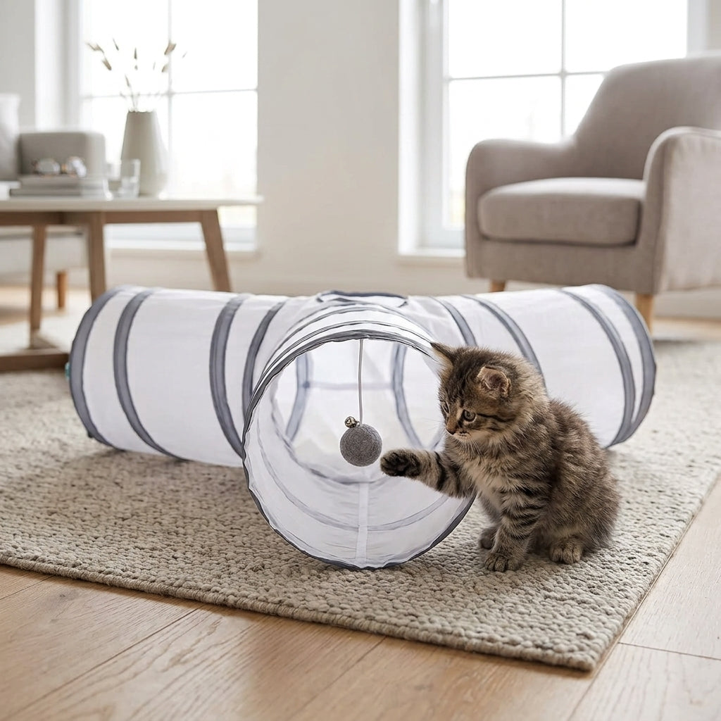 Collapsible 3-Way Cat Tunnel – White & Grey Indoor Play Tunnel with Ball Toy