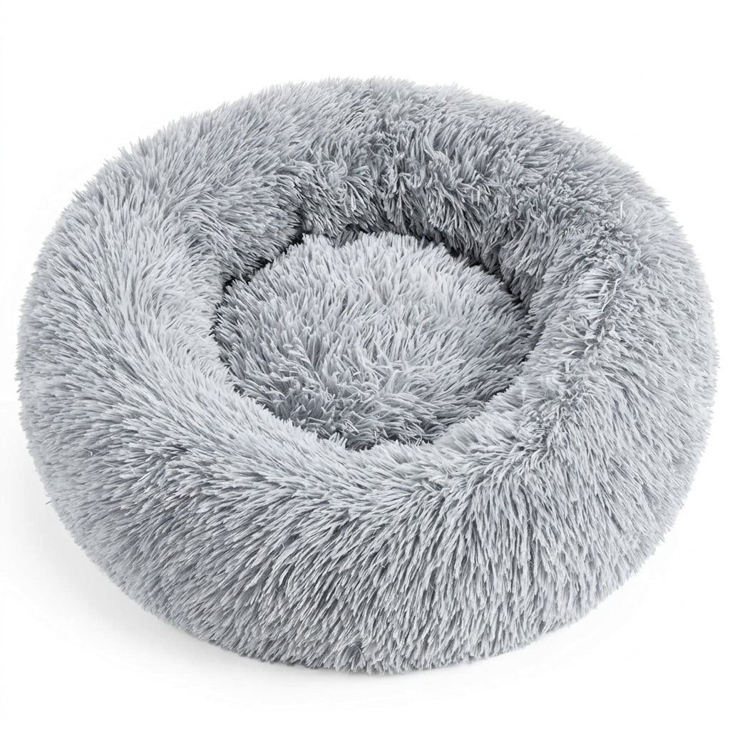 Calming Donut Pet Bed – 20" Plush Bed for Small Dogs & Cats (Light Grey)