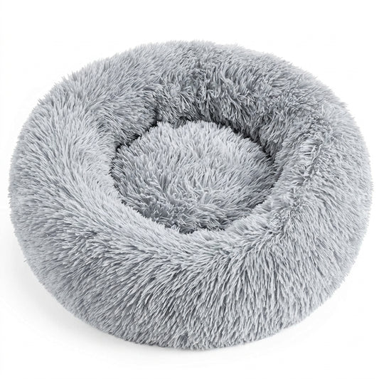 Calming Donut Pet Bed – 20" Plush Bed for Small Dogs & Cats (Light Grey)