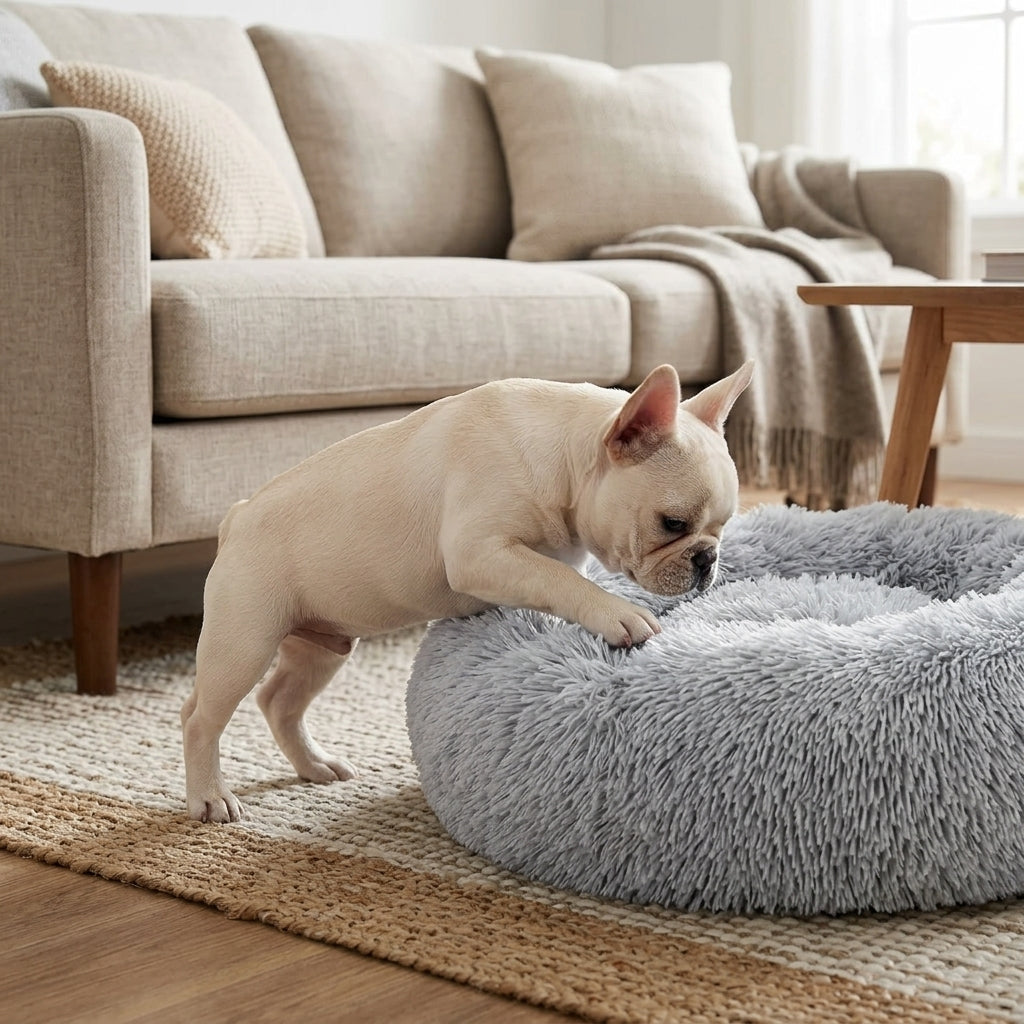 Calming Donut Pet Bed – 20" Plush Bed for Small Dogs & Cats (Light Grey)