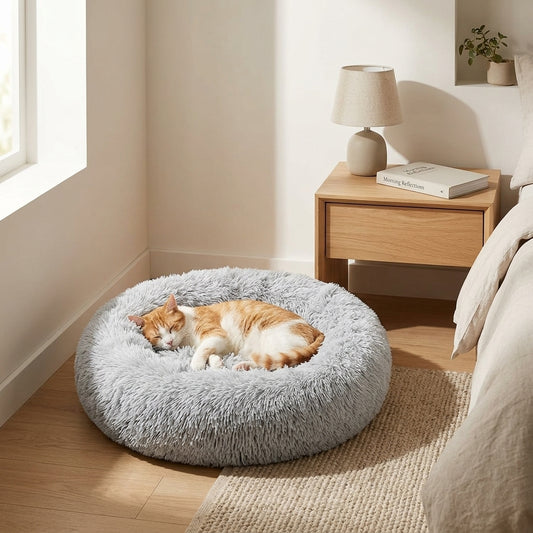 Calming Donut Pet Bed – 20" Plush Bed for Small Dogs & Cats (Light Grey)