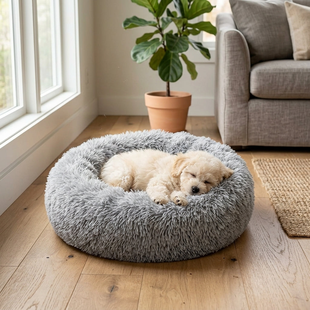 Calming Donut Pet Bed – 20" Plush Bed for Small Dogs & Cats (Light Grey)