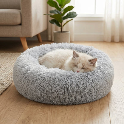 Calming Donut Pet Bed – 20" Plush Bed for Small Dogs & Cats (Light Grey)