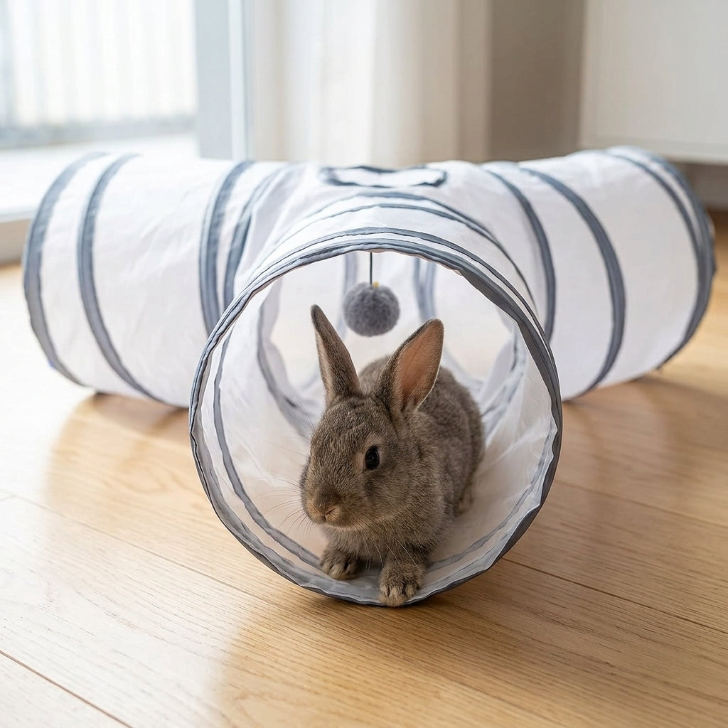 Collapsible 3-Way Cat Tunnel – White & Grey Indoor Play Tunnel with Ball Toy