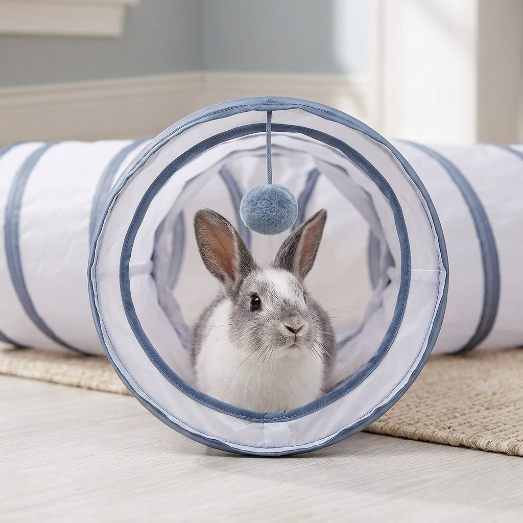 Collapsible 3-Way Cat Tunnel – White & Grey Indoor Play Tunnel with Ball Toy