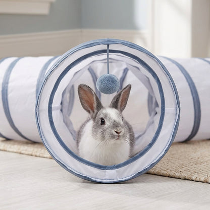 Collapsible 3-Way Cat Tunnel – White & Grey Indoor Play Tunnel with Ball Toy