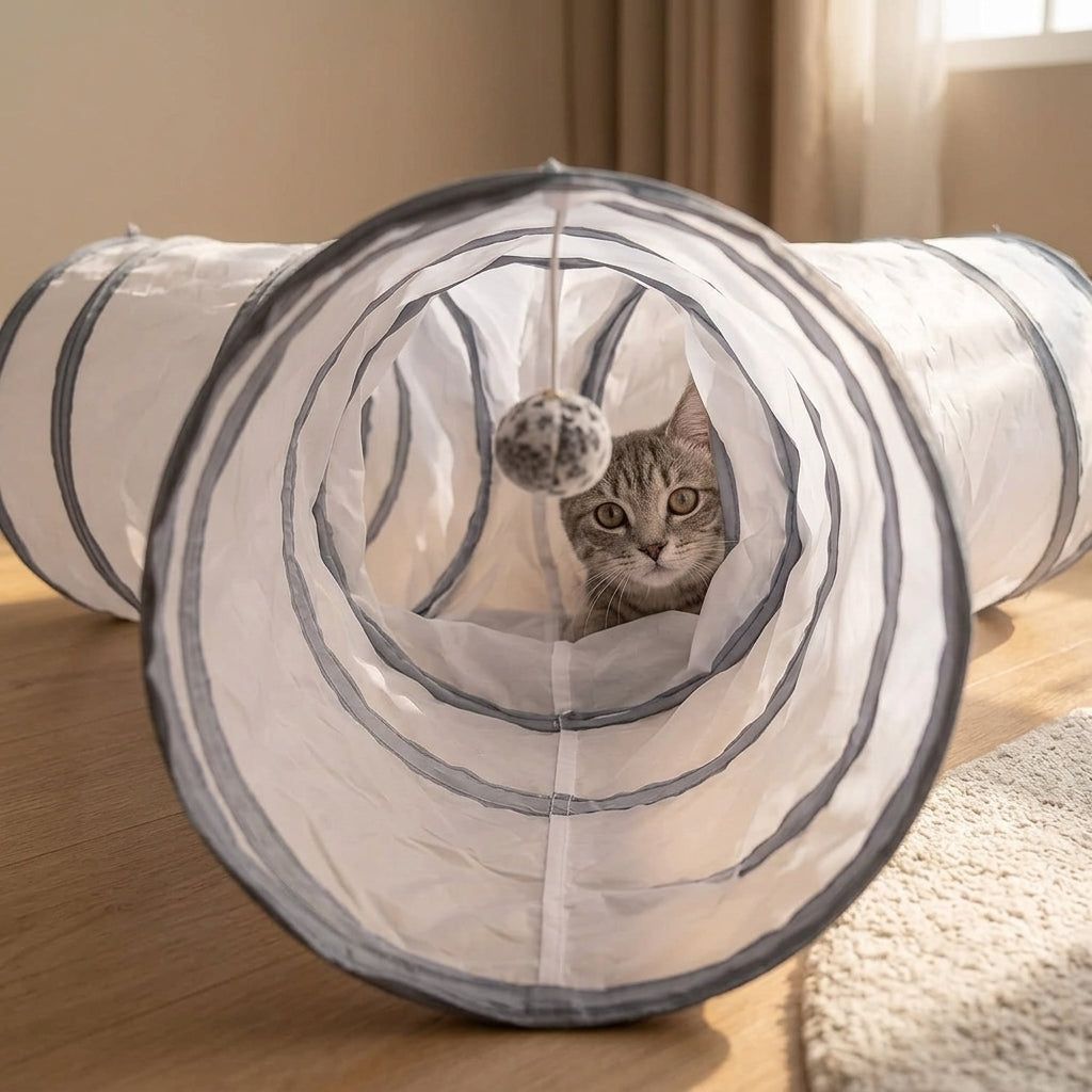 Collapsible 3-Way Cat Tunnel – White & Grey Indoor Play Tunnel with Ball Toy