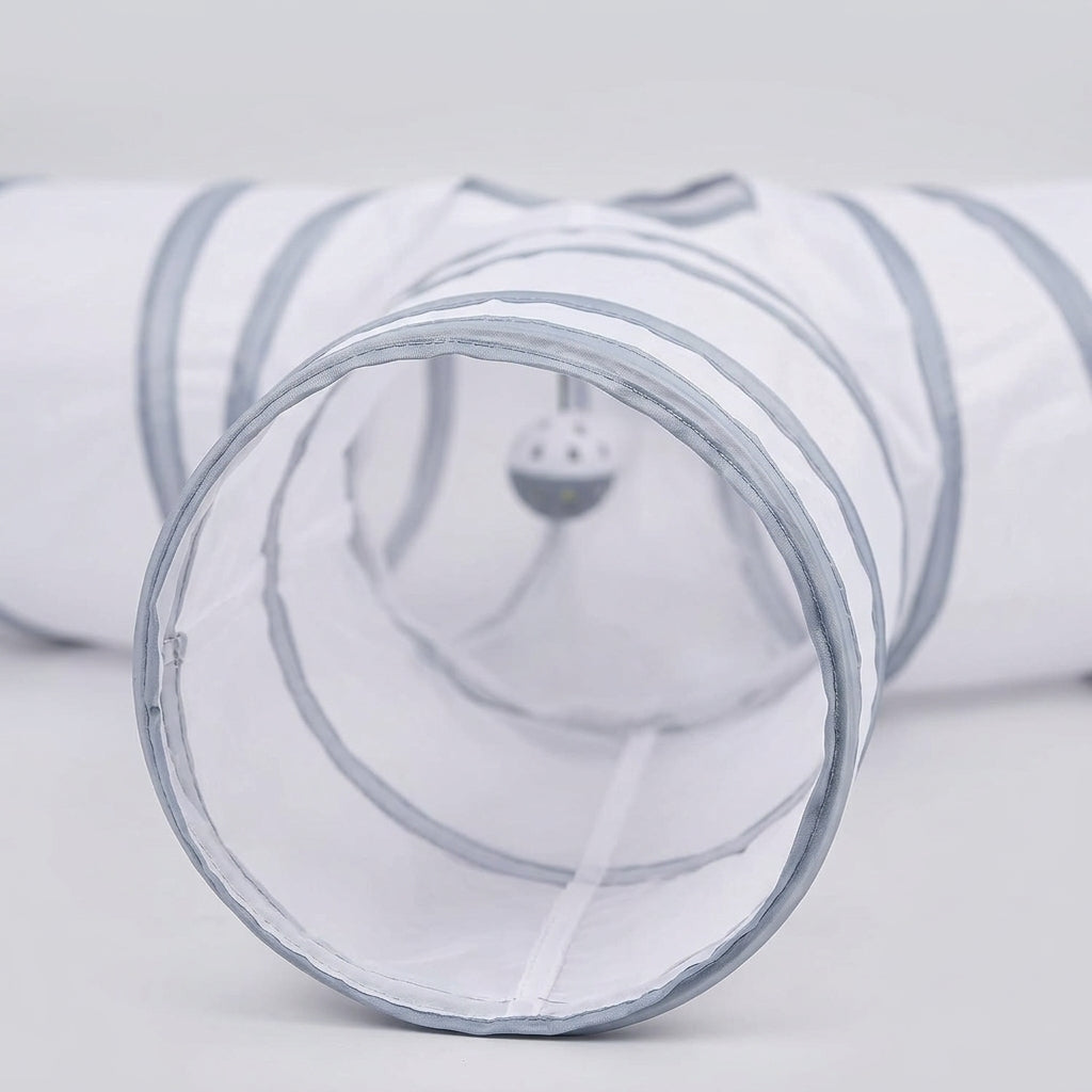Collapsible 3-Way Cat Tunnel – White & Grey Indoor Play Tunnel with Ball Toy