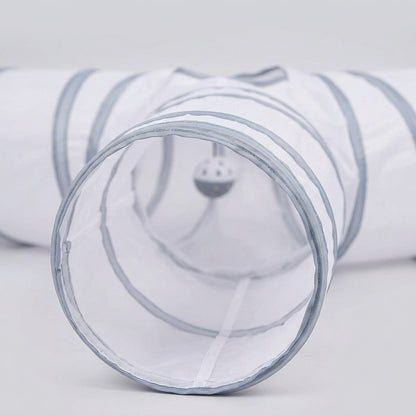 Collapsible 3-Way Cat Tunnel – White & Grey Indoor Play Tunnel with Ball Toy